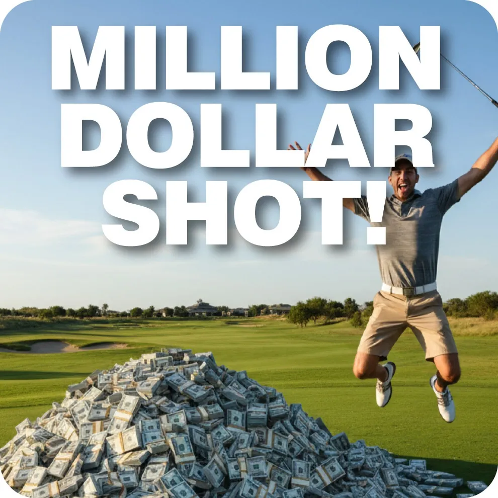 This graphic celebrates the Million Dollar Shot, the ultimate high-stakes challenge in tournament golf. The image features a golfer mid-leap in celebration next to a massive pyramid of bundled $100 bills on a green, with the bold white text "MILLION DOLLAR SHOT!" centered at the top.