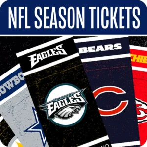 This graphic promotes an NFL Season Tickets prize package. The design features stylized tickets representing several popular NFL franchises over a dark background.
