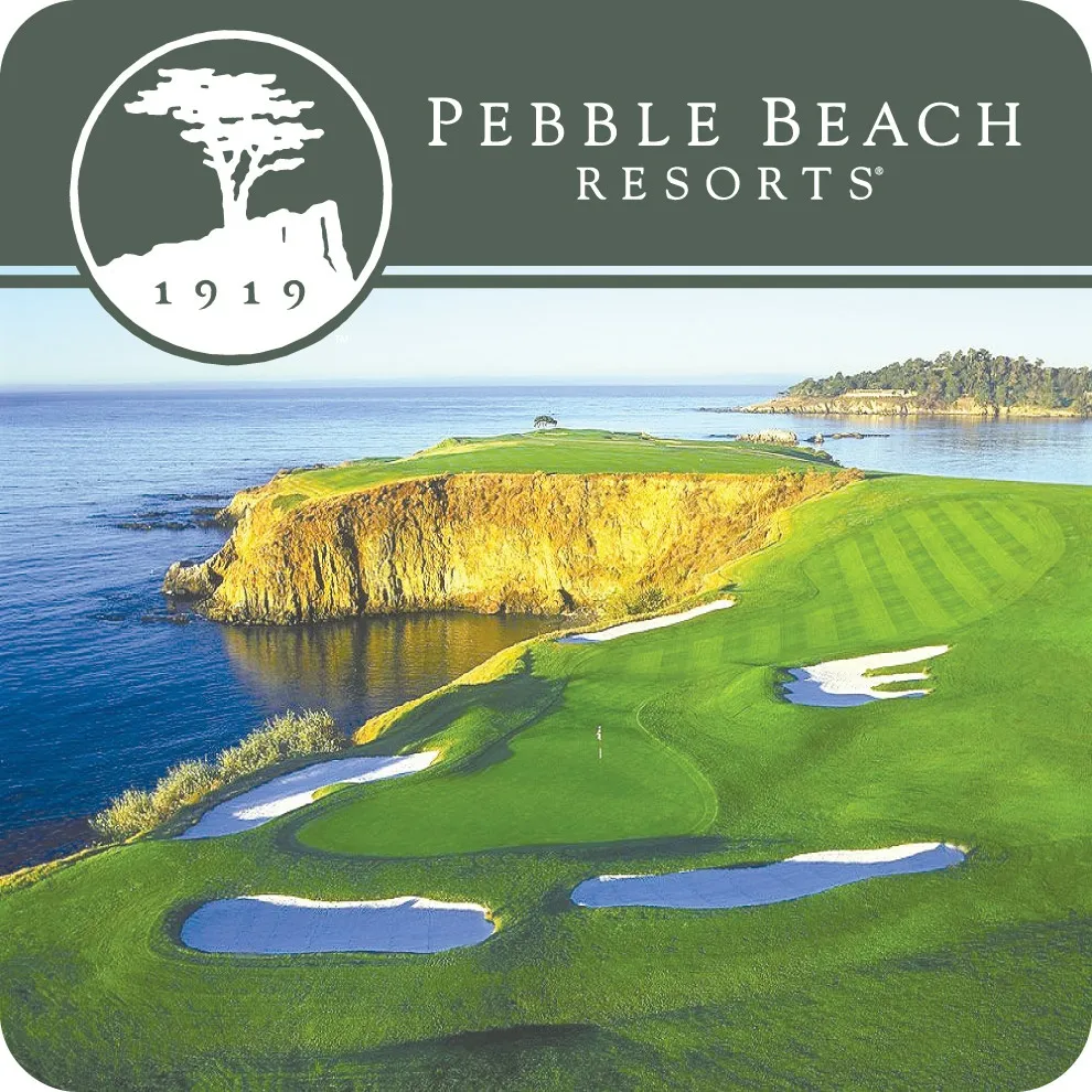 This graphic features a stunning aerial view of Pebble Beach Resorts, located on California's Monterey Peninsula. The image captures a signature coastal hole overlooking the Pacific Ocean, highlighting the resort's reputation as a premier luxury golf destination.