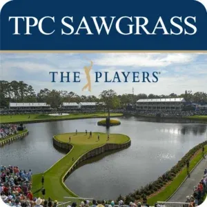 Top: A navy blue banner with the text "TPC SAWGRASS" in a white serif font. Bottom: A photograph of the iconic 17th hole "Island Green" at TPC Sawgrass. Several golfers are on the green, which is completely surrounded by water. Large crowds of spectators line the banks and grandstands in the background under a bright, partly cloudy sky. The logo for "THE PLAYERS" is overlaid on the sky.