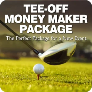 A golf club about to hit a golf ball on a tee with text reading "TEE-OFF MONEY MAKER PACKAGE: The Perfect Package for a New Event