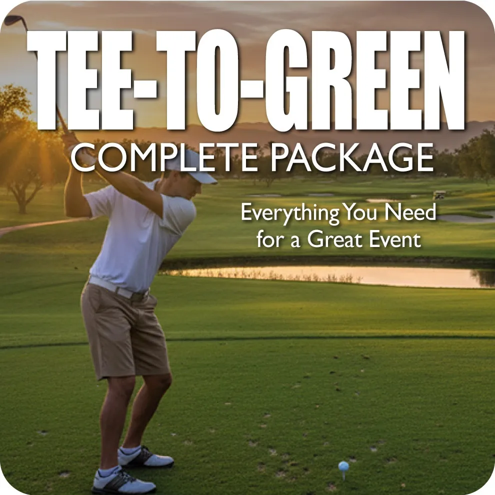 A golfer swings off a tee at sunset on a scenic golf course with mountains in the background. Overlaid text reads “TEE-TO-GREEN COMPLETE PACKAGE – Everything You Need for a Great Event.”