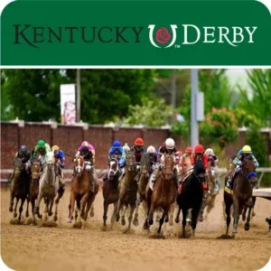 Top section: A forest green banner featuring the official Kentucky Derby logo. The text is in a dark serif font, separated by the iconic horseshoe emblem with a red rose in the center. Bottom section: An action photograph of a horse race in progress. A pack of thoroughbred horses and their jockeys, dressed in multi-colored silks (blue, red, yellow, and purple), are galloping toward the viewer on a dirt track. The motion kicks up dust in the foreground, and the background shows green trees and a brick wall under a bright sky.