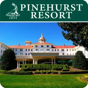 A deep green banner contains the Pinehurst Resort logo in white. The logo includes the "Putter Boy" illustration and the text "Pinehurst 1895