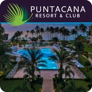 Top section: A dark purple banner with a bright teal accent line. It features a green palm leaf logo on the left and the words "PUNTACANA RESORT & CLUB" in a clean, white sans-serif font. Bottom section: A twilight photograph of a luxury resort. It shows a series of illuminated blue swimming pools surrounded by lounge chairs and white umbrellas. Tall palm trees are silhouetted against a soft pink and blue sky as the sun sets over the ocean in the background.