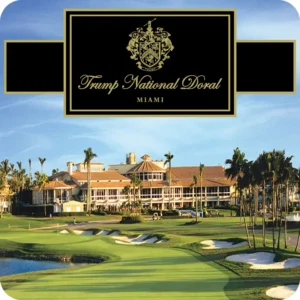 This graphic features Trump National Doral Miami, a world-renowned luxury golf resort and hotel. The image shows the resort's grand clubhouse and lush green fairways under a clear blue sky, with a black-and-gold header displaying the official crest.