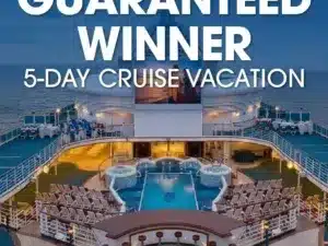 Promotional graphic for a "Guaranteed Winner 5-Day Cruise Vacation" featuring an evening view of a luxury cruise ship deck with a pool and lounge chairs