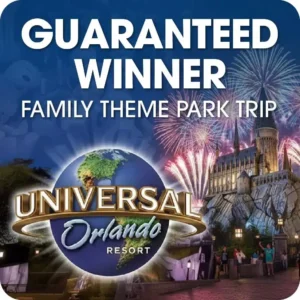 Promotional graphic for a "Guaranteed Winner Family Theme Park Trip" to Universal Orlando Resort featuring fireworks over Hogwarts castle.