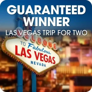 Promotional graphic for a "Guaranteed Winner Las Vegas Trip for Two" featuring the iconic "Welcome to Fabulous Las Vegas" neon sign.