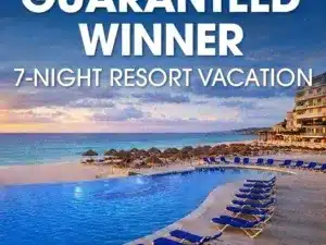 Golf Tournament resort stay guaranteed winner prize sign with luxury pool background