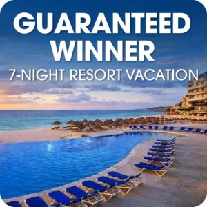 Golf Tournament resort stay guaranteed winner prize sign with luxury pool background