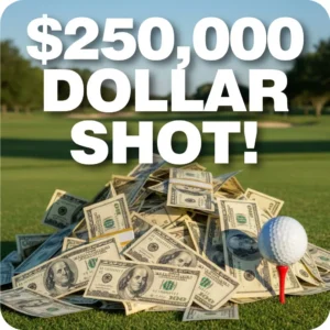 This graphic highlights a $250,000 Dollar Shot contest, a high-stakes golf event where participants have one chance to win a massive cash prize by sinking a hole-in-one. The image features a large pile of $100 bills and a golf ball sitting on a red tee, set against a blurred view of a lush green fairway