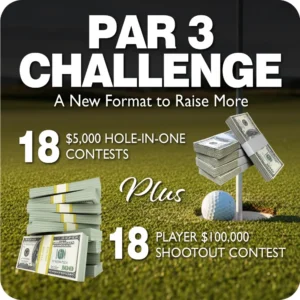 A promotional graphic for an expanded "Par 3 Challenge" on a golf course background, featuring stacks of cash and a golf ball sitting on the edge of a hole