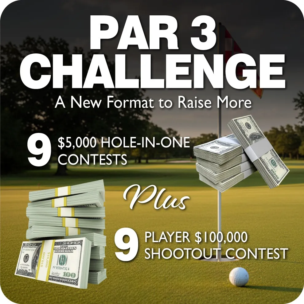 A promotional graphic for the "Par 3 Challenge" featuring stacks of hundred-dollar bills on a golf course background with a golf ball near a pin