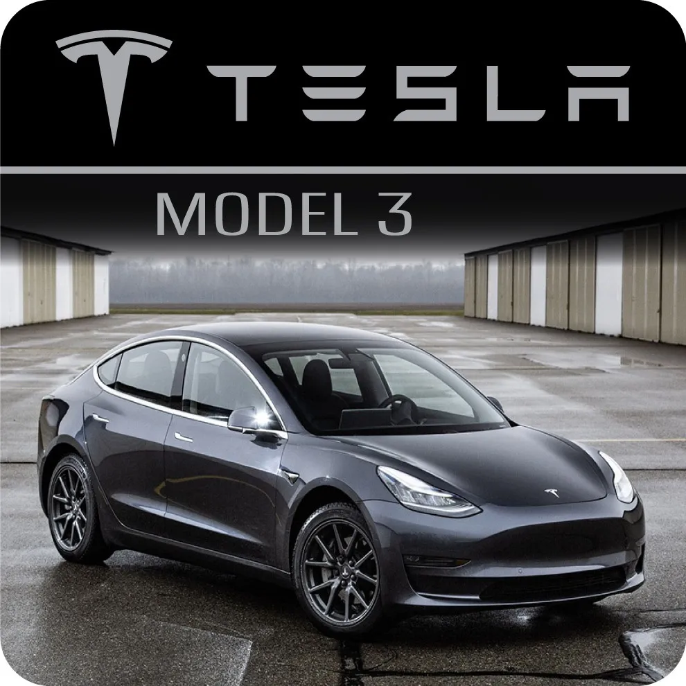 This graphic features a dark gray Tesla Model 3 parked on a damp pavement surface with industrial-style buildings in the background. The top of the image contains a black header with the silver Tesla logo and the word "MODEL 3" in a clean, modern font