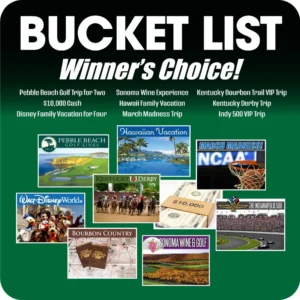 This graphic promotes a "Bucket List" contest where the winner can choose one from several premium prize packages. The design features a collage of images representing each experience over a dark green background