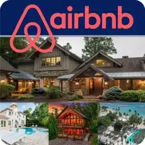 Top section: A dark navy blue banner featuring the official Airbnb logo (the coral-colored symbol and wordmark) on the left. Bottom section: A collage of four photographs showcasing different types of vacation rentals: