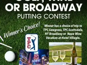 Image promoting a putting contest with prize options including TPC golf trips, New York Broadway, or a Napa Valley wine vacation, shown with a golf ball on grass, city lights, and wine imagery