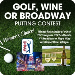 Image promoting a putting contest with prize options including TPC golf trips, New York Broadway, or a Napa Valley wine vacation, shown with a golf ball on grass, city lights, and wine imagery