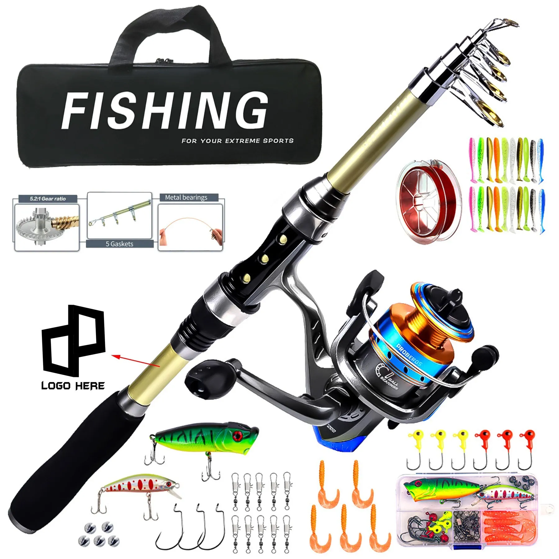 Long Cast Rod Fishing Wheel Rod  Kit w/Logoed Bag